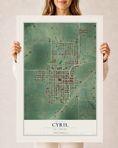 Map of Cyril, Oklahoma, 24 x 36 inch print in a white wood frame