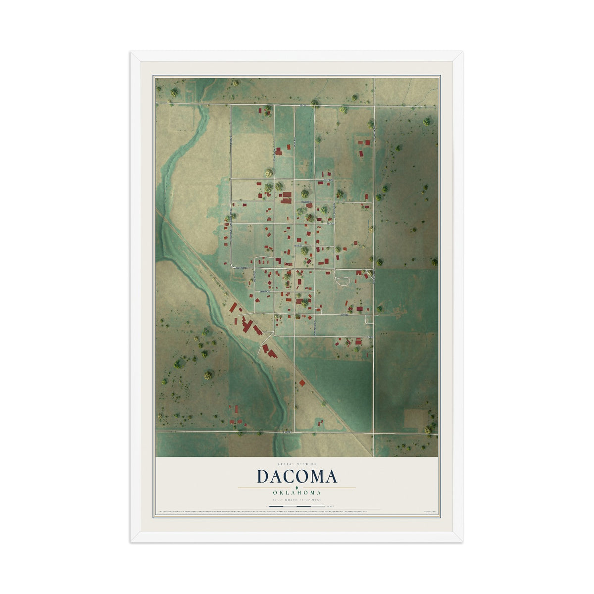 Map of Dacoma, Oklahoma, 12 x 18 inch print in a white wood frame