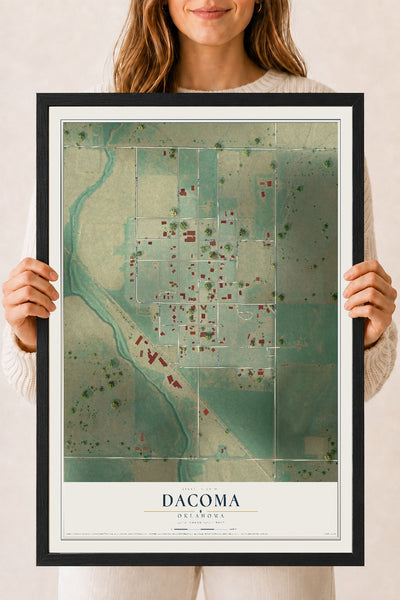 Map of Dacoma, Oklahoma, 18 x 24 inch print in a black wood frame