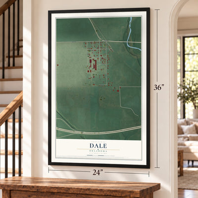 Dale, Oklahoma map, 24 x 36 inch print in a black frame by a staircase