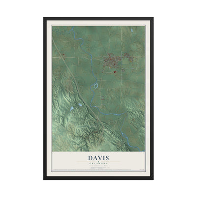 Map of Davis, Oklahoma, 12 x 18 inch print in a black wood frame