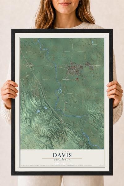 Map of Davis, Oklahoma, 18 x 24 inch print in a black wood frame