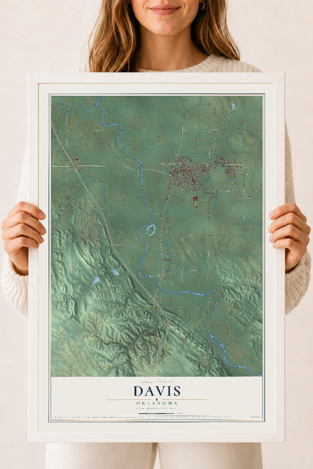 Map of Davis, Oklahoma, 18 x 24 inch print in a white wood frame