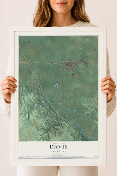 Map of Davis, Oklahoma, 18 x 24 inch print in a white wood frame