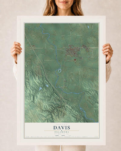 Map of Davis, Oklahoma, 24 x 36 inch print in a white wood frame