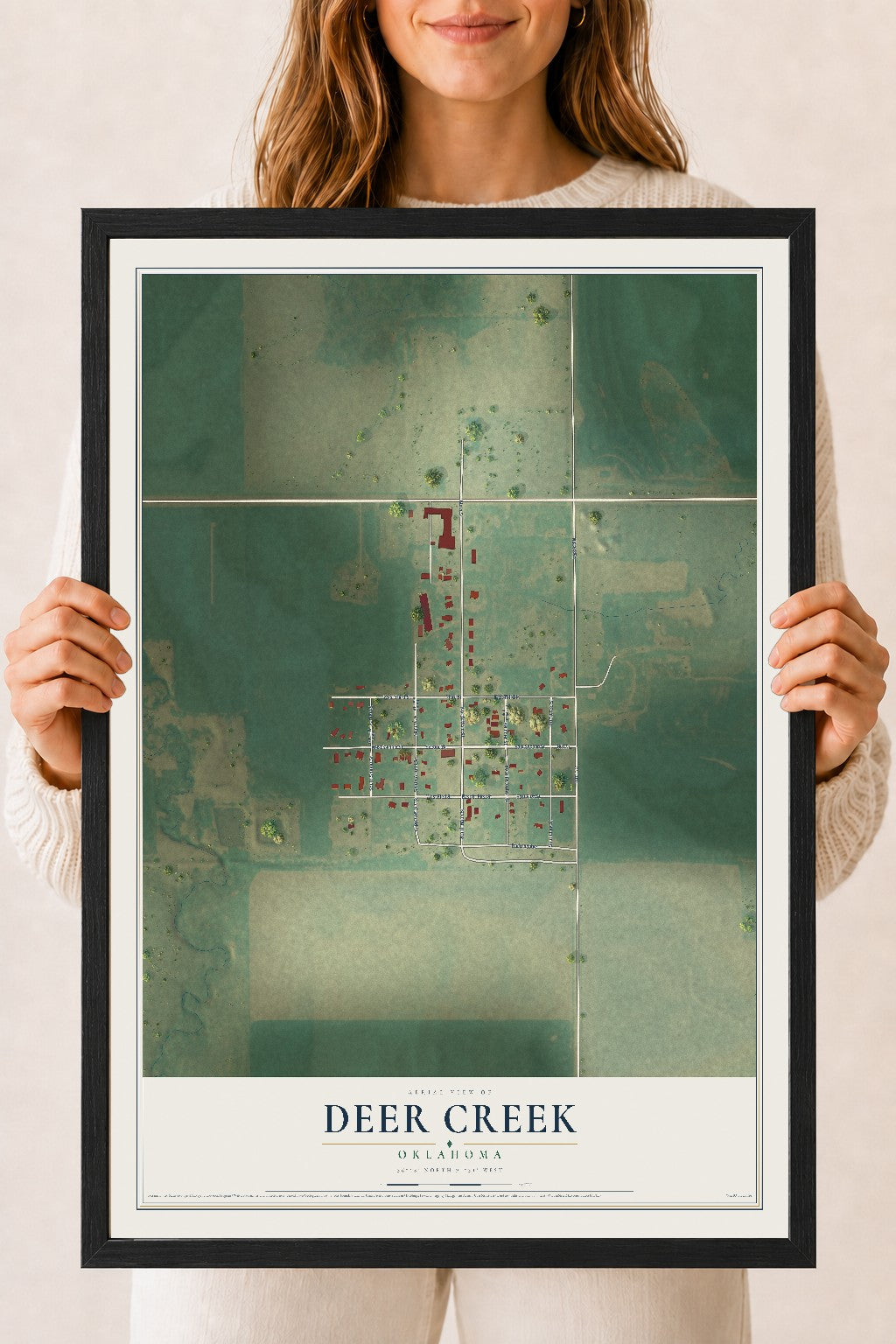 Map of Deer Creek, Oklahoma, 18 x 24 inch print in a black wood frame