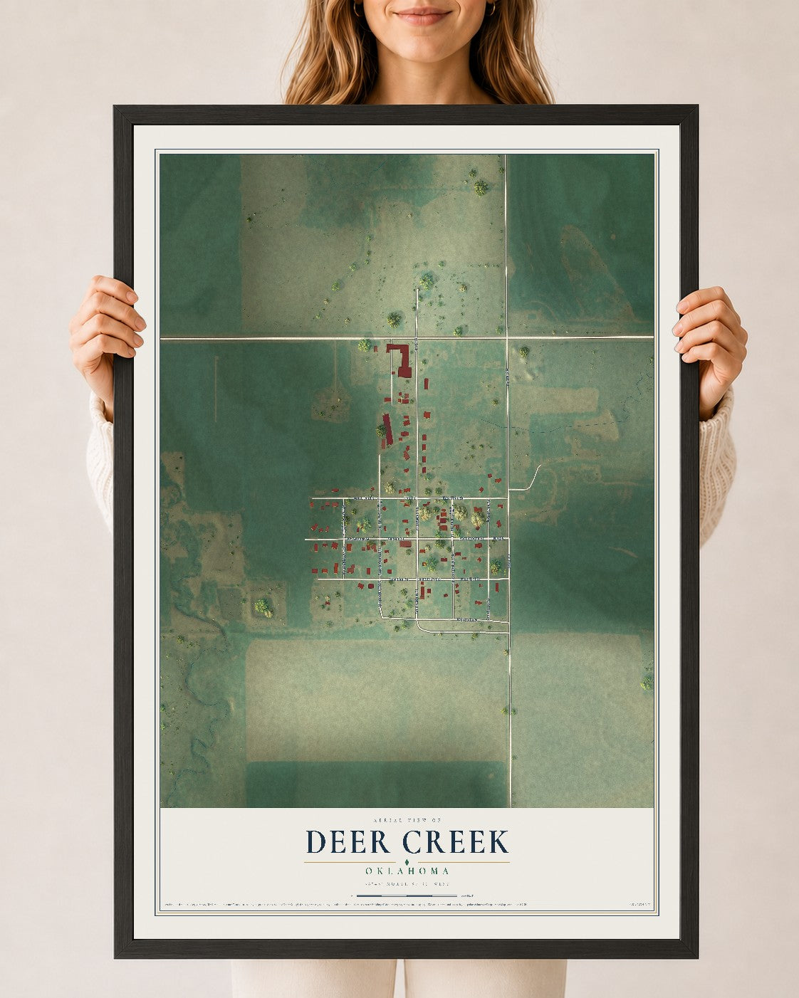Map of Deer Creek, Oklahoma, 24 x 36 inch print in a black wood frame