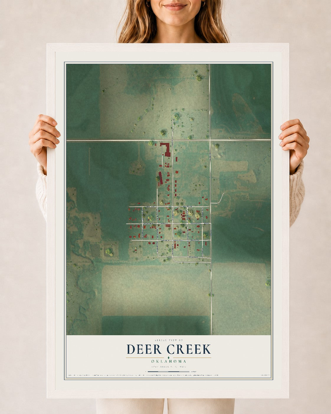 Map of Deer Creek, Oklahoma, 24 x 36 inch print in a white wood frame