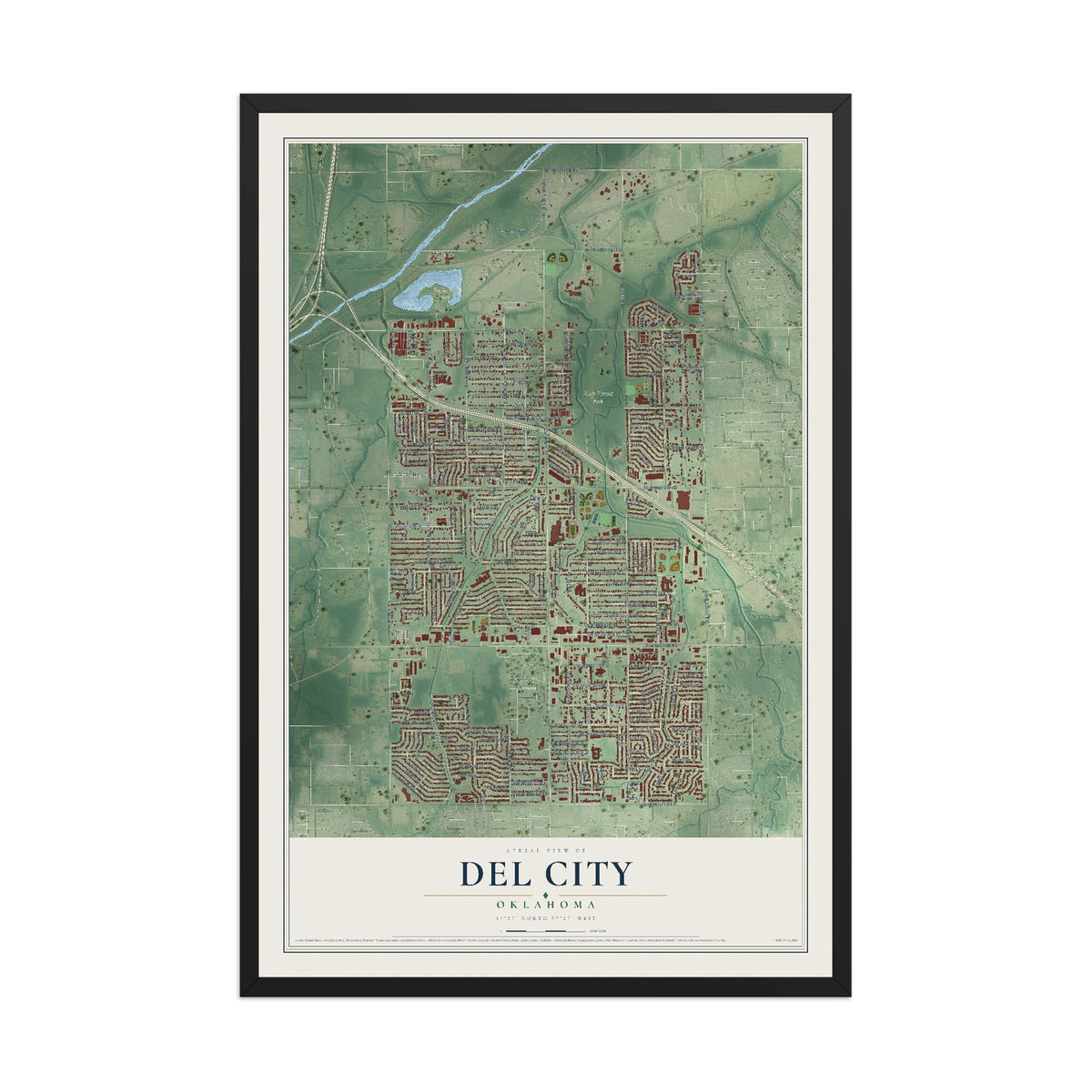 Map of Del City, Oklahoma, 12 x 18 inch print in a black wood frame