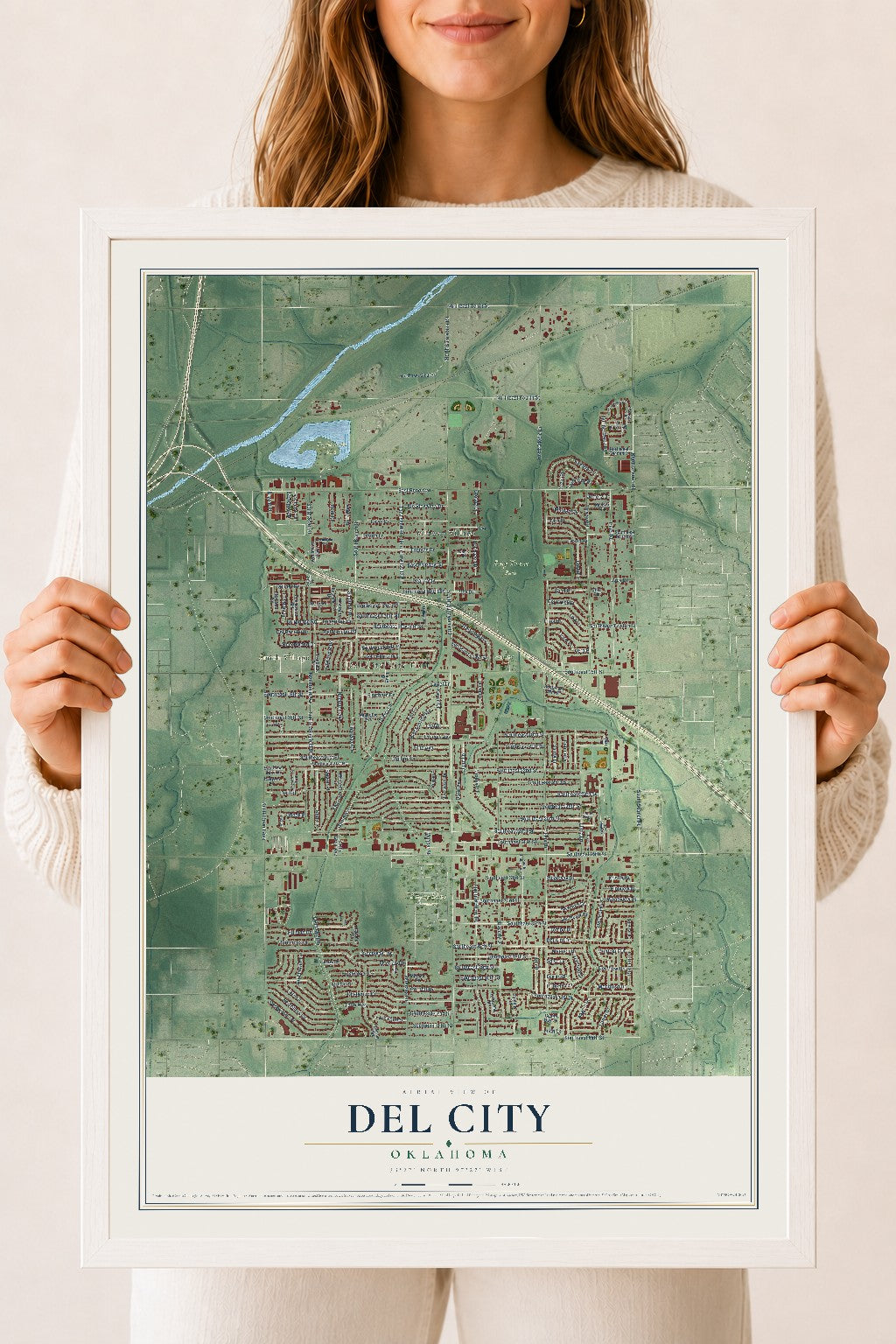 Map of Del City, Oklahoma, 18 x 24 inch print in a white wood frame