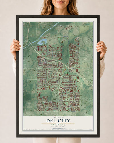 Map of Del City, Oklahoma, 24 x 36 inch print in a black wood frame