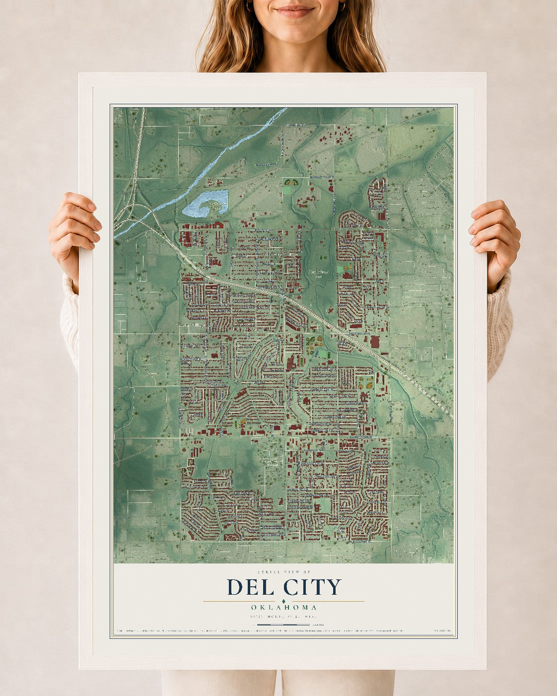 Map of Del City, Oklahoma, 24 x 36 inch print in a white wood frame