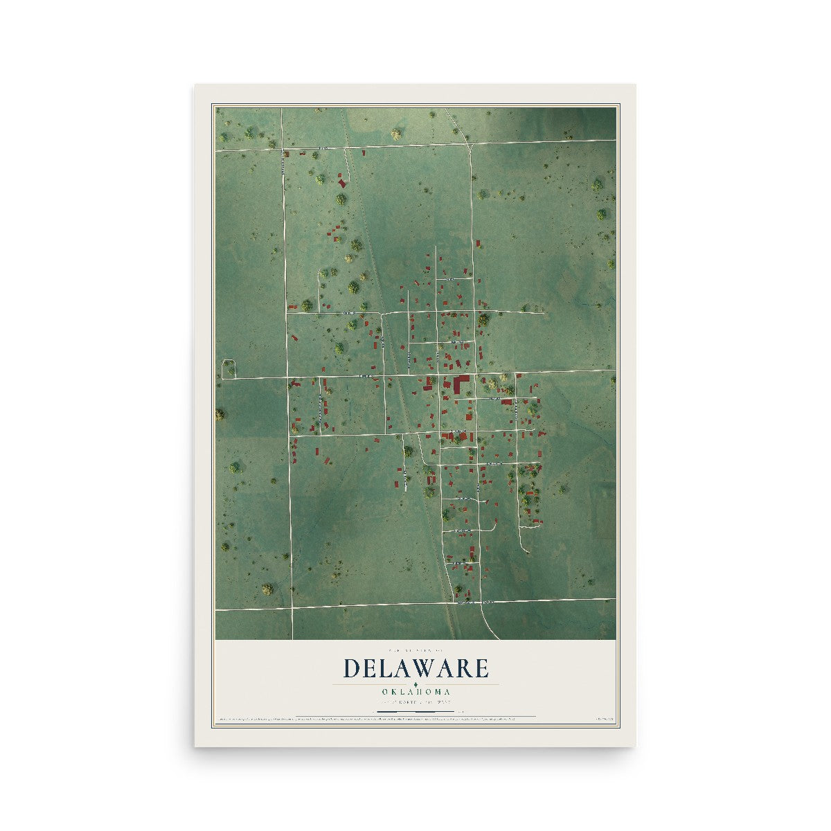 Map of Delaware, Oklahoma, 12 x 18 inch unframed archival matte print