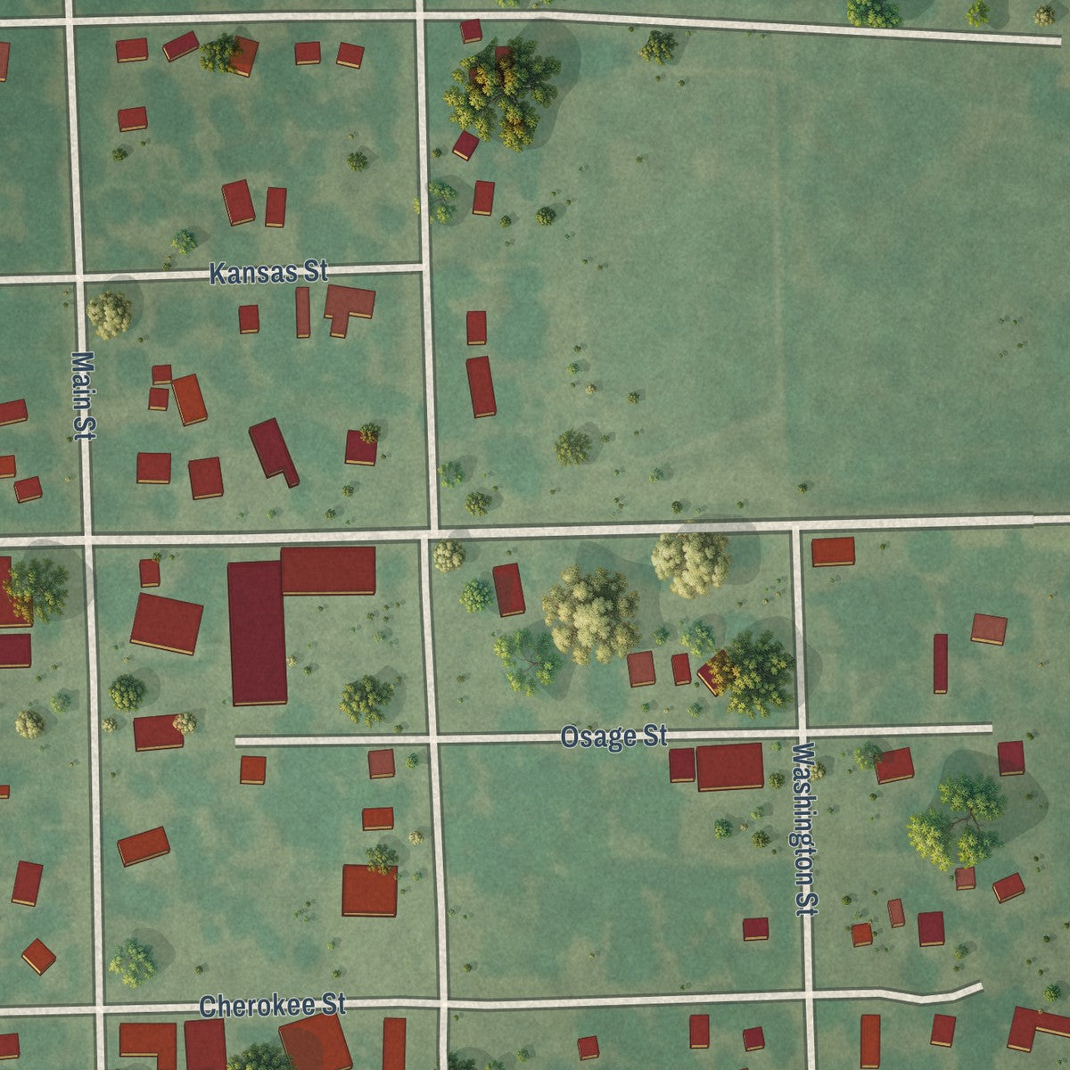 Close-up of the map of Delaware, Oklahoma print showing street and building detail