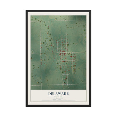 Map of Delaware, Oklahoma, 12 x 18 inch print in a black wood frame