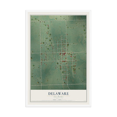 Map of Delaware, Oklahoma, 12 x 18 inch print in a white wood frame