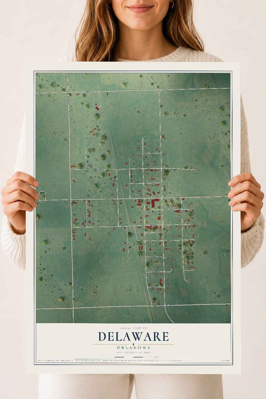 Map of Delaware, Oklahoma, 18 x 24 inch unframed archival matte print