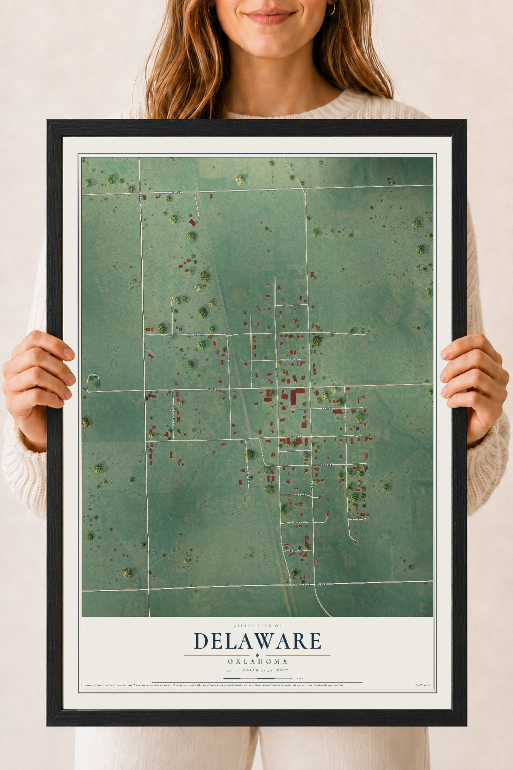 Map of Delaware, Oklahoma, 18 x 24 inch print in a black wood frame