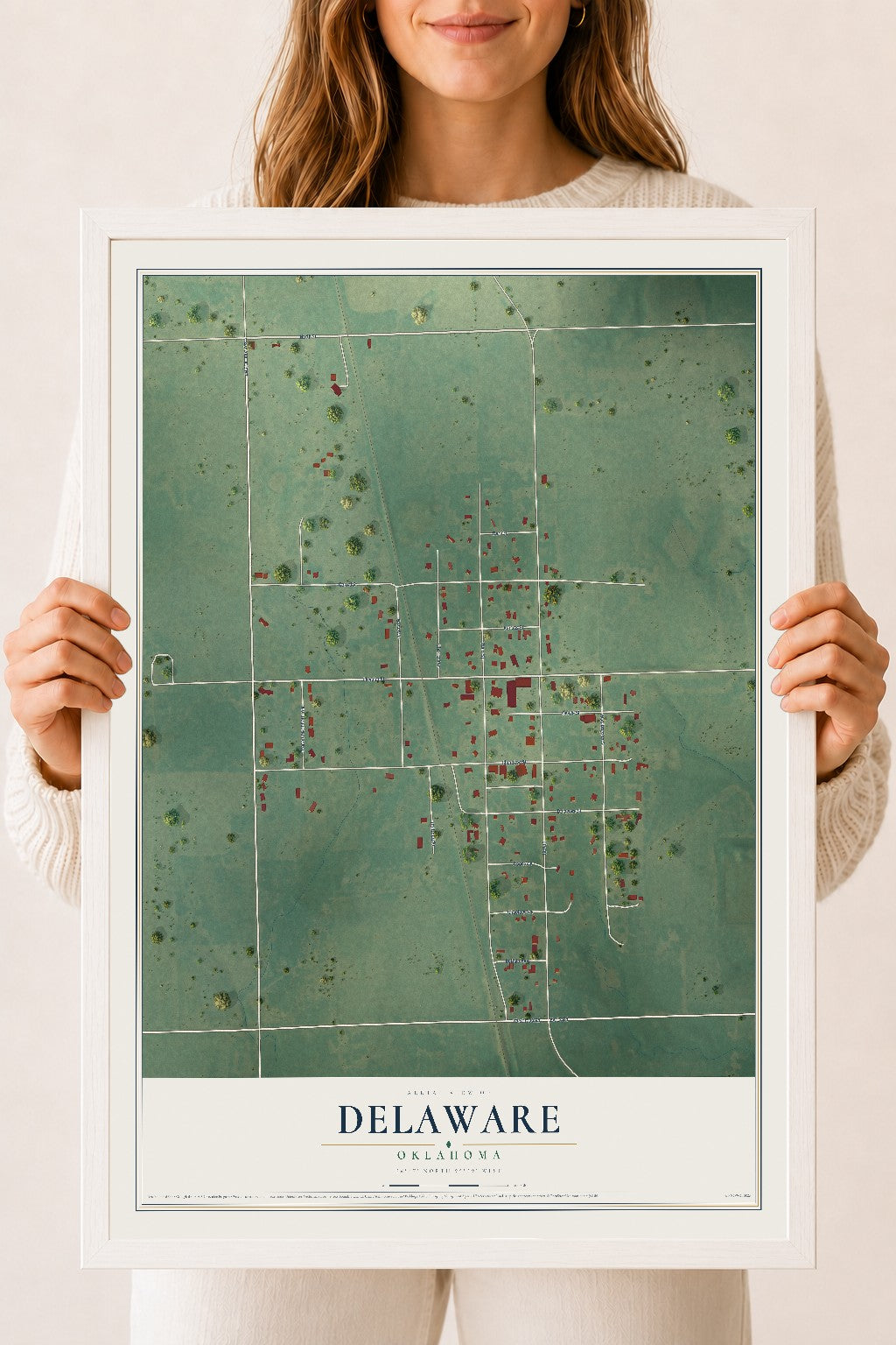 Map of Delaware, Oklahoma, 18 x 24 inch print in a white wood frame