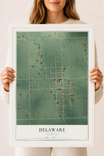 Map of Delaware, Oklahoma, 18 x 24 inch print in a white wood frame