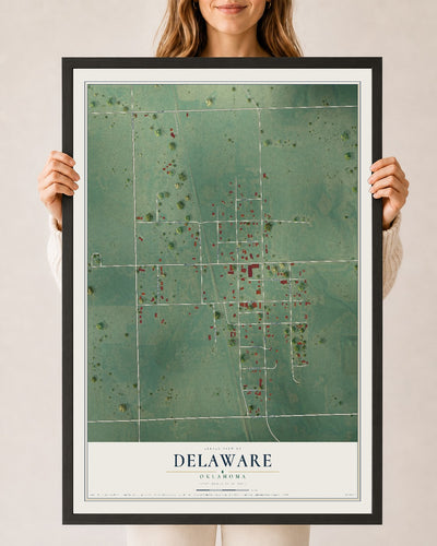 Map of Delaware, Oklahoma, 24 x 36 inch print in a black wood frame