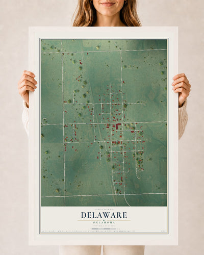 Map of Delaware, Oklahoma, 24 x 36 inch print in a white wood frame