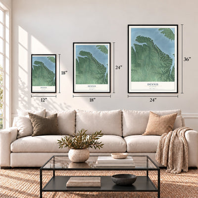 Dennis, Oklahoma map in 12 x 18, 18 x 24 and 24 x 36 inch sizes above a sofa