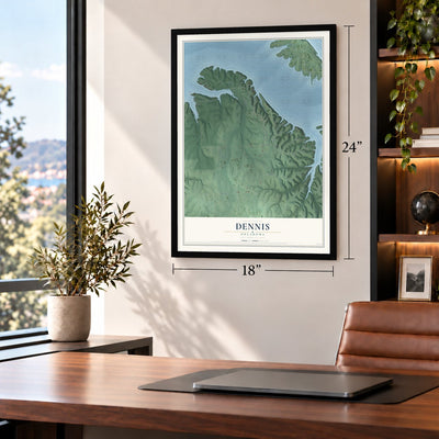 Dennis, Oklahoma map, 18 x 24 inch print in a black frame in a home office
