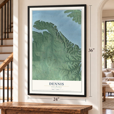 Dennis, Oklahoma map, 24 x 36 inch print in a black frame by a staircase