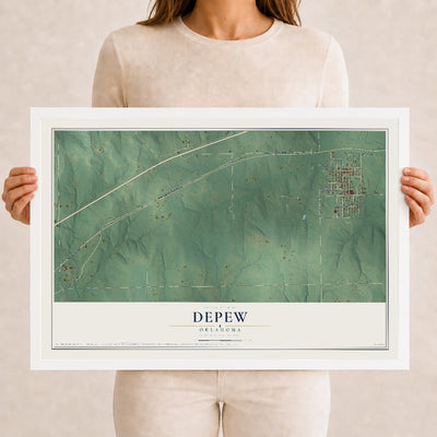 Map of Depew, Oklahoma, 12 x 18 inch print in a white wood frame