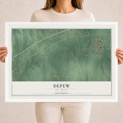 Map of Depew, Oklahoma, 18 x 24 inch print in a white wood frame