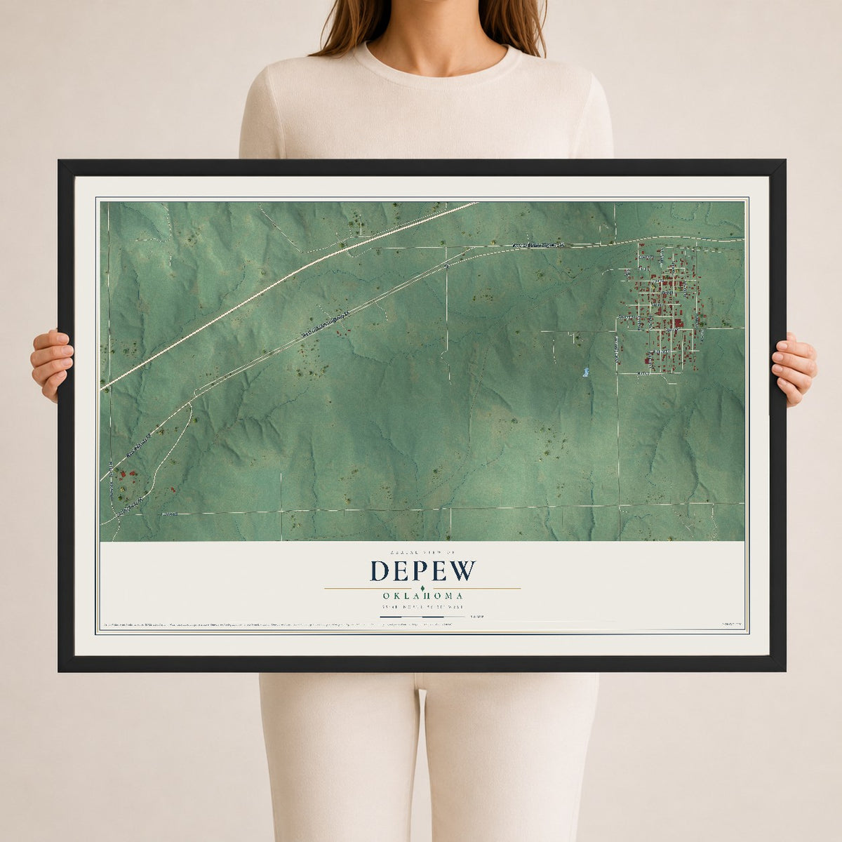 Map of Depew, Oklahoma, 24 x 36 inch print in a black wood frame