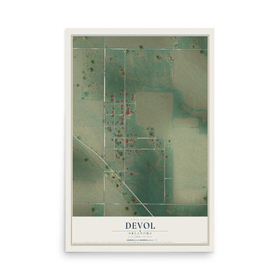 Map of Devol, Oklahoma, 12 x 18 inch unframed archival matte print