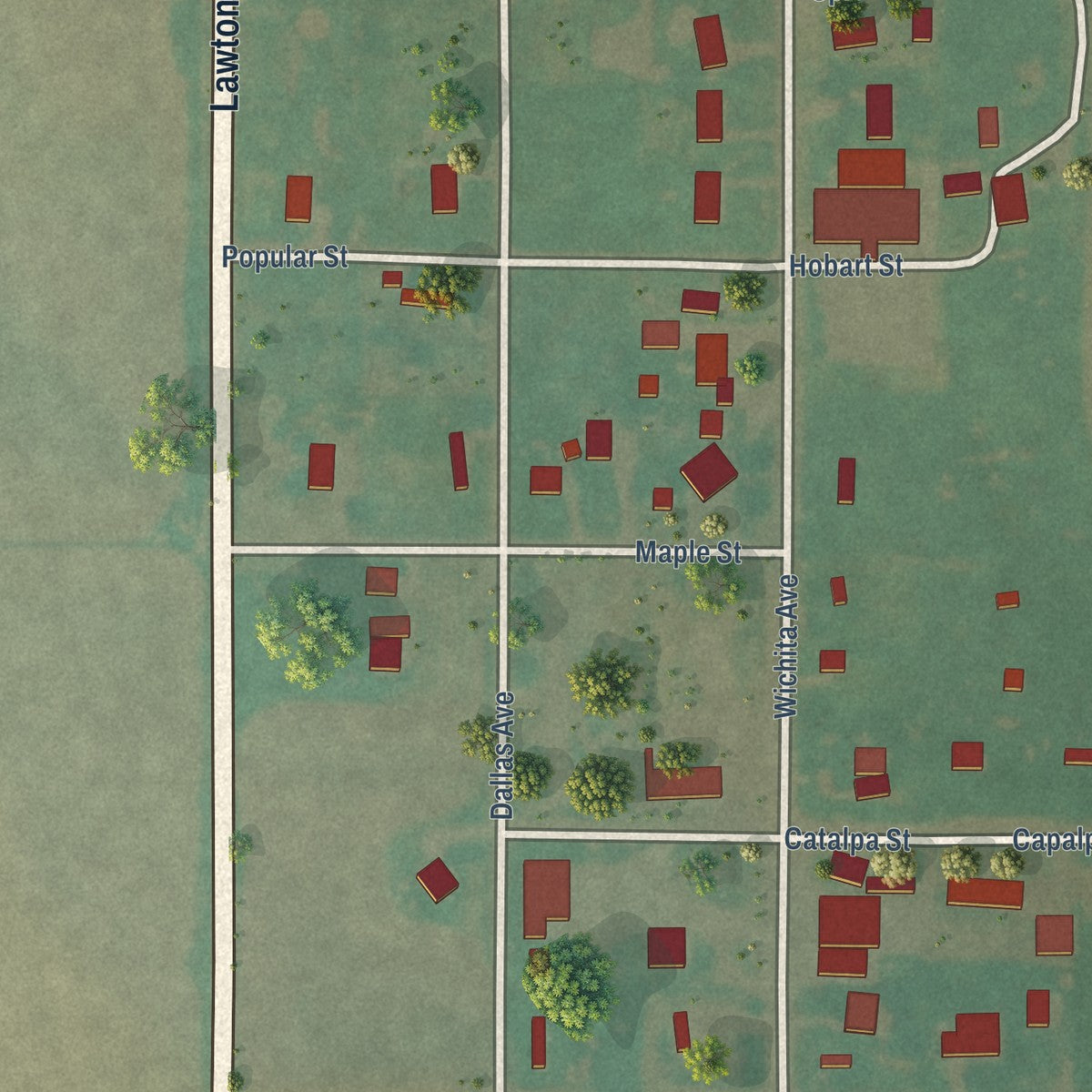 Close-up of the map of Devol, Oklahoma print showing street and building detail