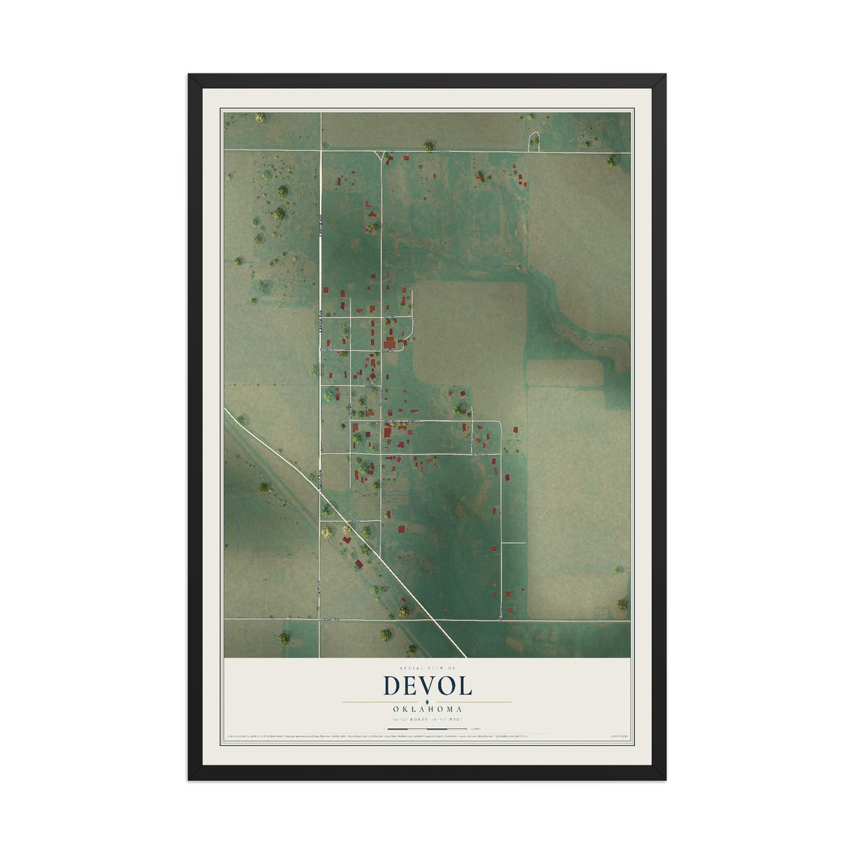 Map of Devol, Oklahoma, 12 x 18 inch print in a black wood frame