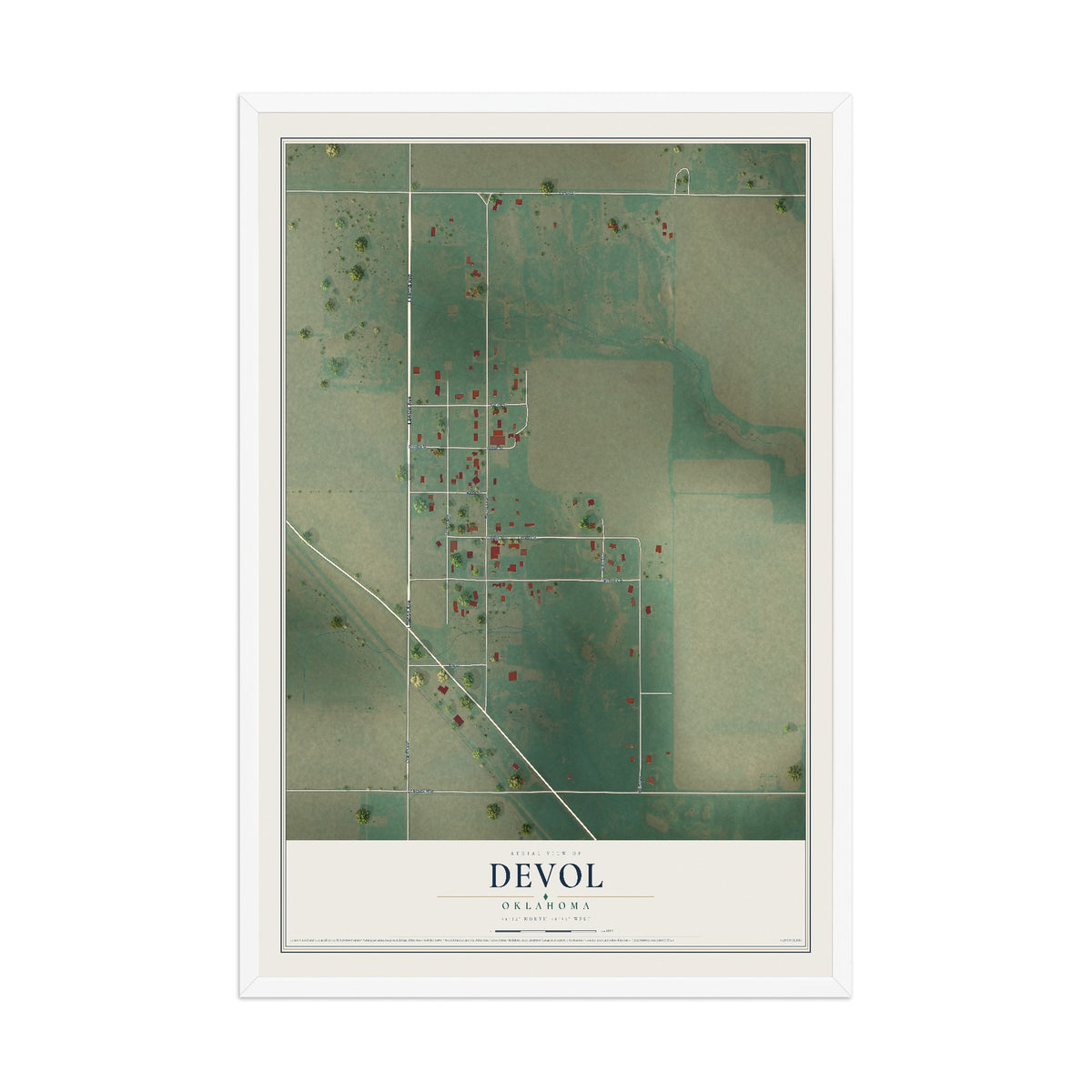 Map of Devol, Oklahoma, 12 x 18 inch print in a white wood frame