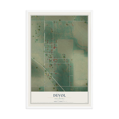 Map of Devol, Oklahoma, 12 x 18 inch print in a white wood frame