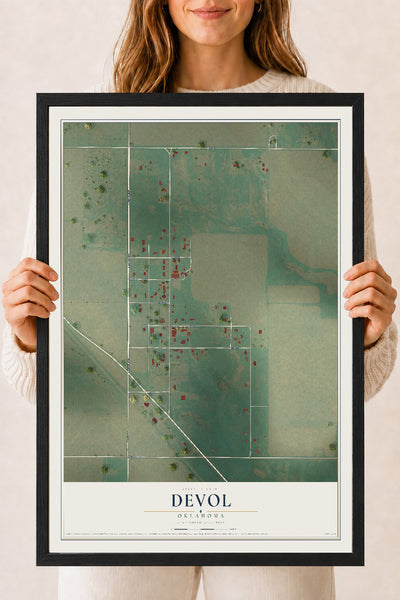 Map of Devol, Oklahoma, 18 x 24 inch print in a black wood frame