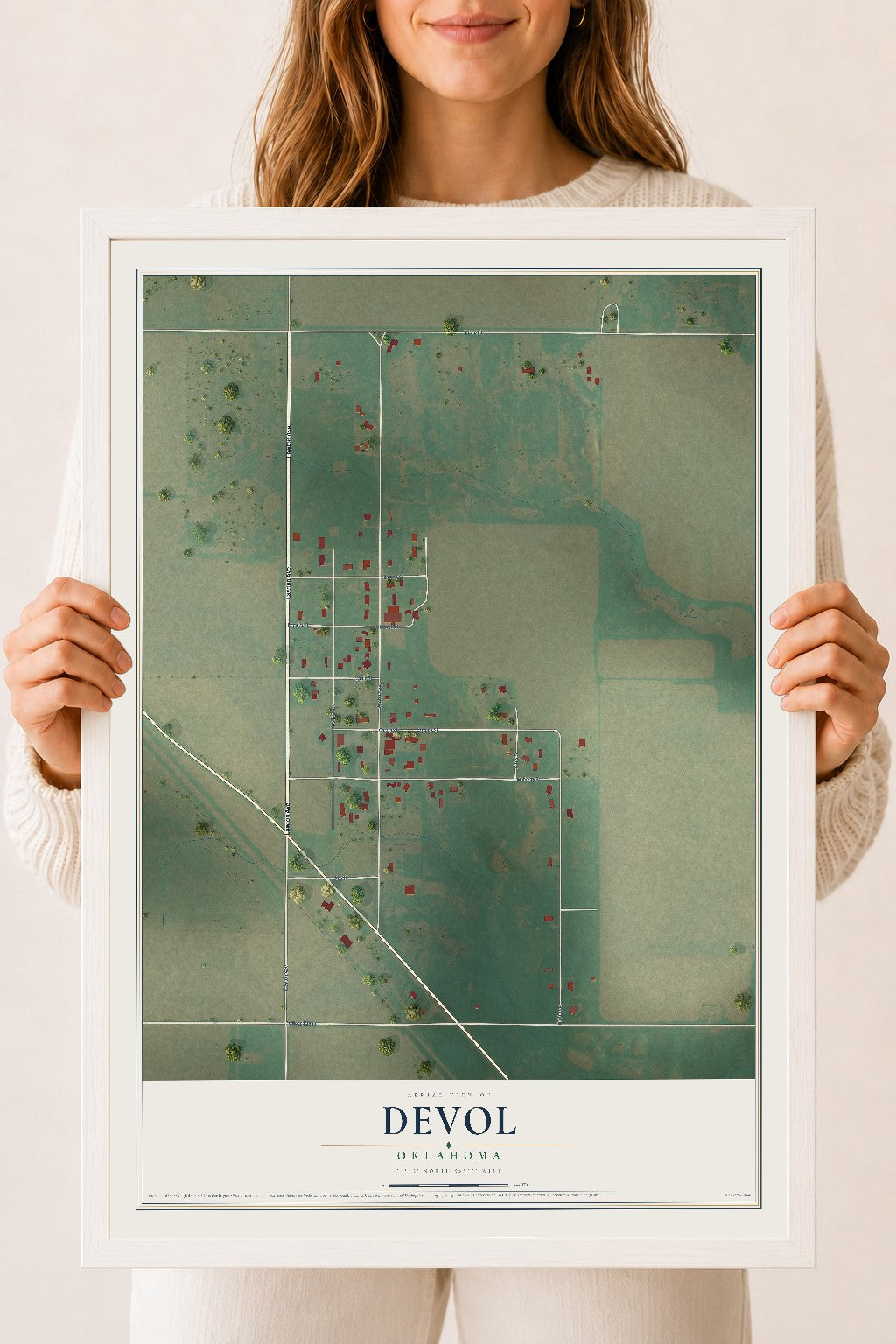 Map of Devol, Oklahoma, 18 x 24 inch print in a white wood frame