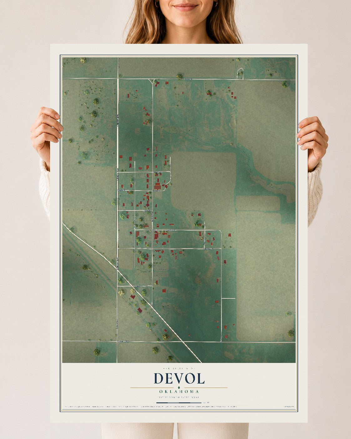 Map of Devol, Oklahoma, 24 x 36 inch unframed archival matte print