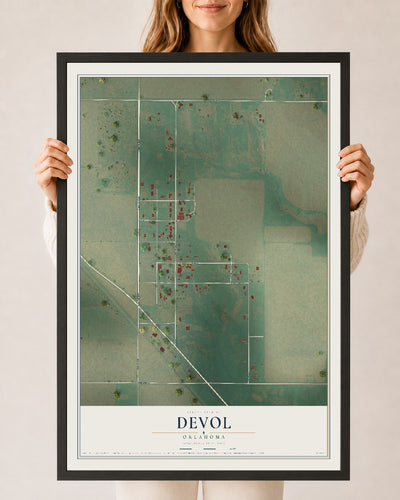 Map of Devol, Oklahoma, 24 x 36 inch print in a black wood frame