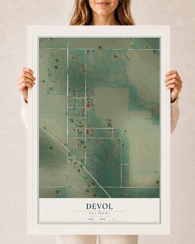 Map of Devol, Oklahoma, 24 x 36 inch print in a white wood frame