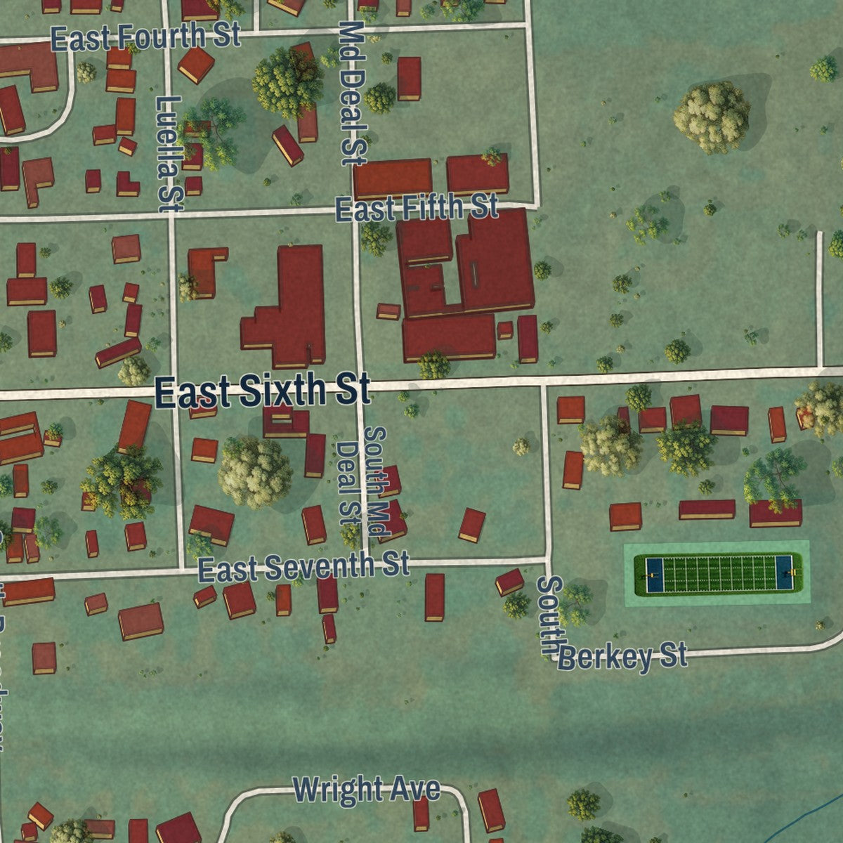 Close-up of the map of Dewar, Oklahoma print showing street and building detail