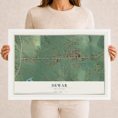 Map of Dewar, Oklahoma, 12 x 18 inch print in a white wood frame
