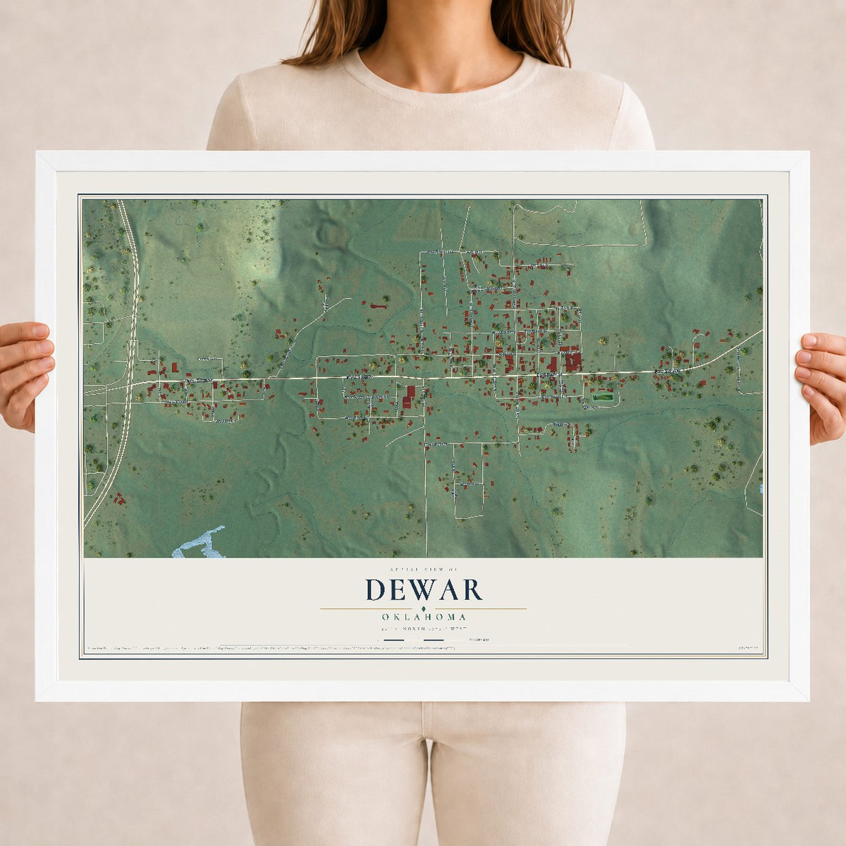 Map of Dewar, Oklahoma, 18 x 24 inch print in a white wood frame