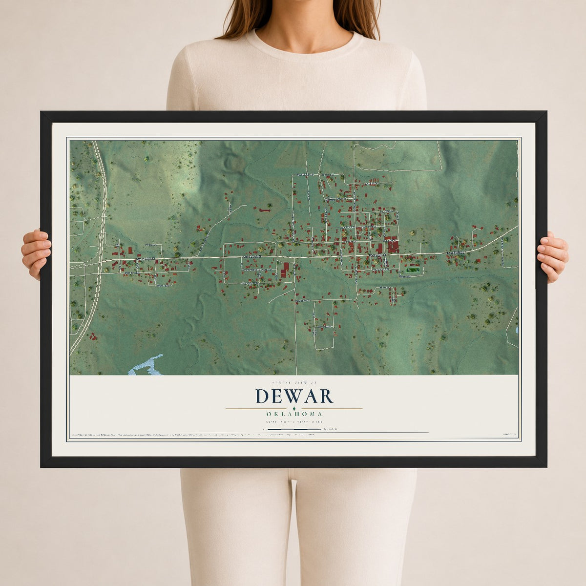 Map of Dewar, Oklahoma, 24 x 36 inch print in a black wood frame