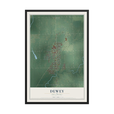 Map of Dewey, Oklahoma, 12 x 18 inch print in a black wood frame
