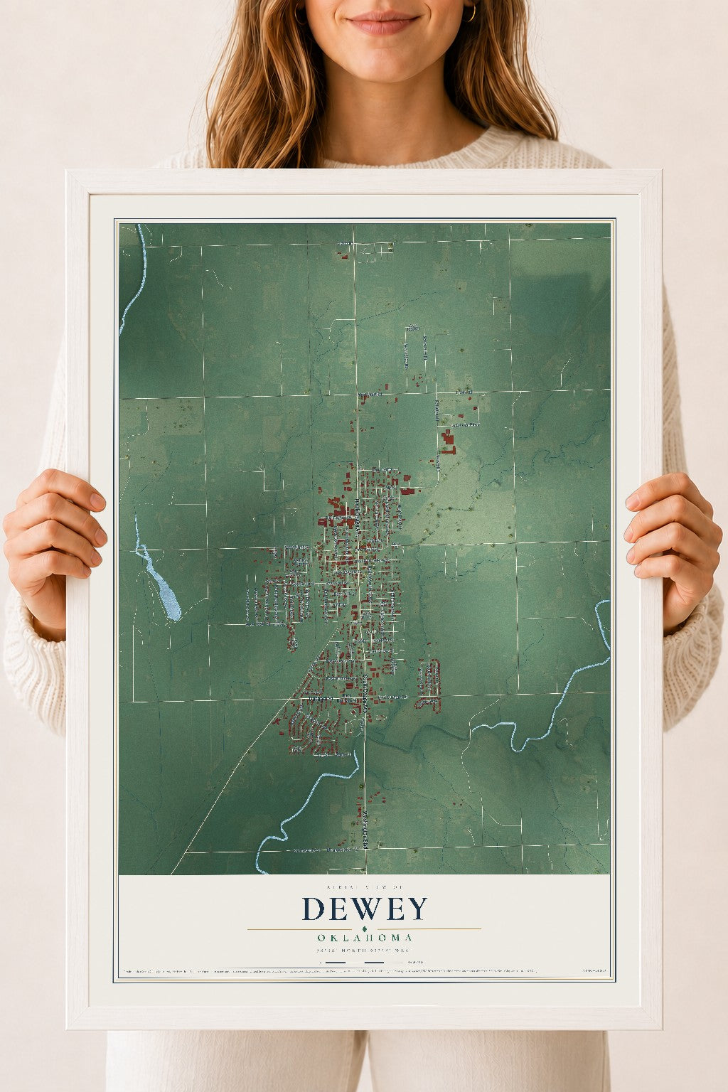 Map of Dewey, Oklahoma, 18 x 24 inch print in a white wood frame