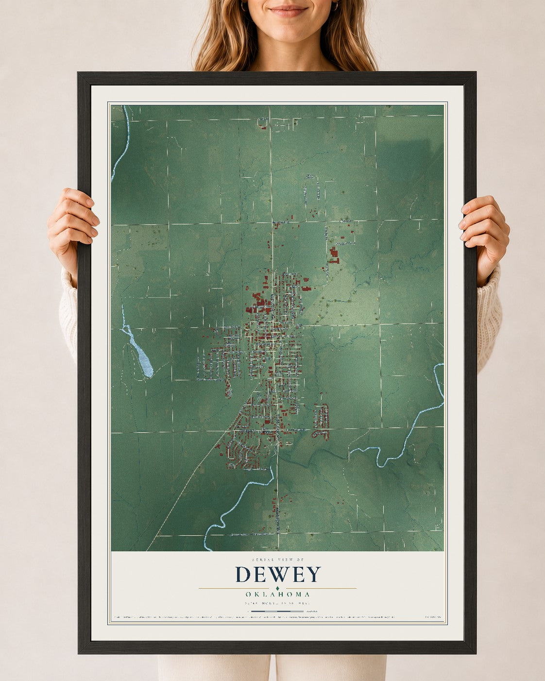 Map of Dewey, Oklahoma, 24 x 36 inch print in a black wood frame