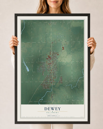 Map of Dewey, Oklahoma, 24 x 36 inch print in a black wood frame